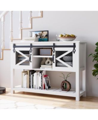 Farmhouse Entryway Table with Storage and Open Shelf Rustic Console with Sliding Barn Doors Sofa Table