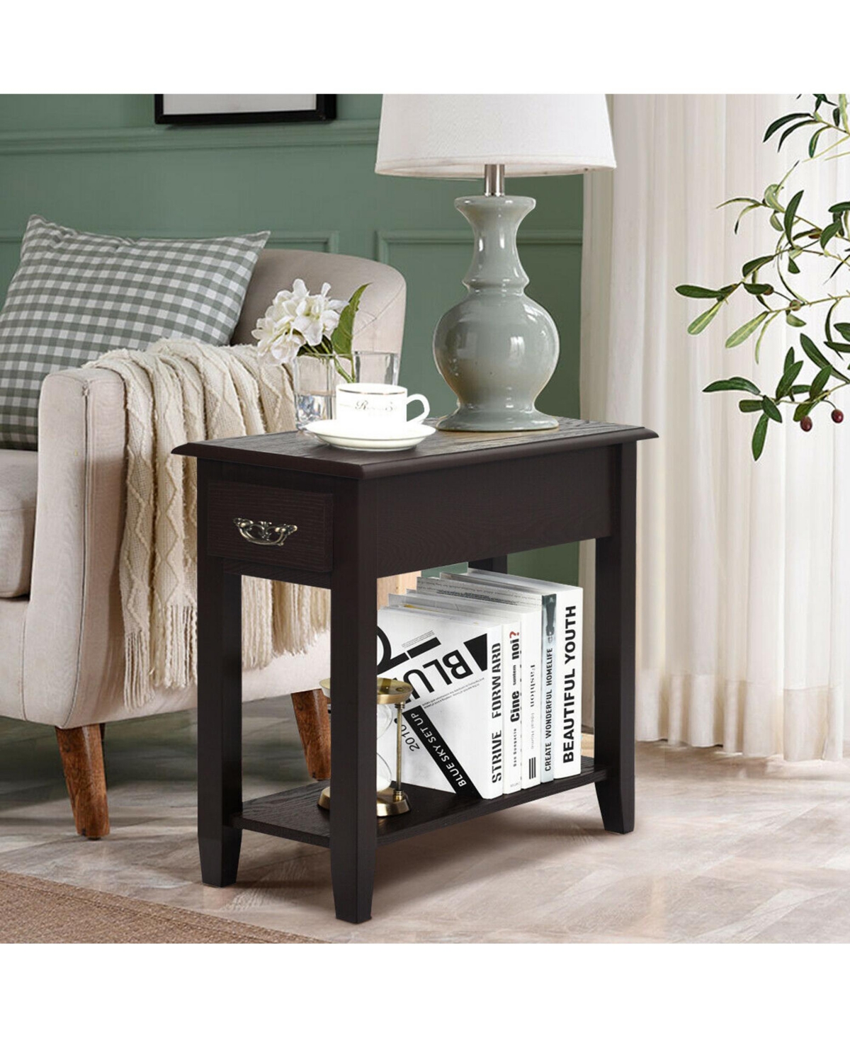 Gymax Set of 2 Nightstand 2 Tier End Bedside Sofa Side Table w/Drawer andShelf
