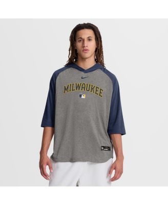 Men's Navy Milwaukee Brewers Authentic Collection Flux Dri-FIT Raglan 3/4-Sleeve Hooded T-Shirt