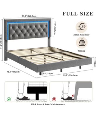 Full Floating Bed Frame with LED Lights, Upholstered Platform Bed, Wood Slats