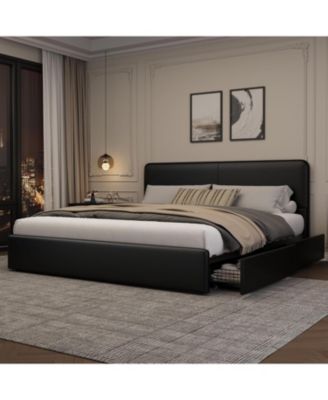 King Upholstered Platform Bed Frame with Headboard & Storage Drawers