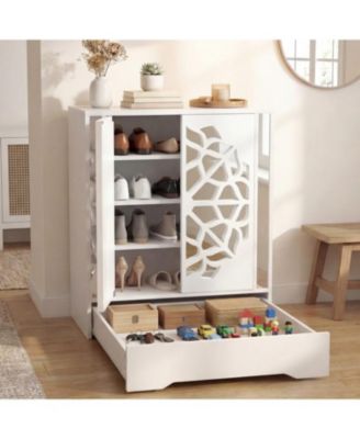 Mirrored Shoe Cabinet 4-Tier Organizer with Large Drawer