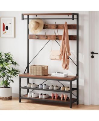 72" Industrial Hall Tree with Shoe Bench, Storage Shelf and 8 Double Hooks