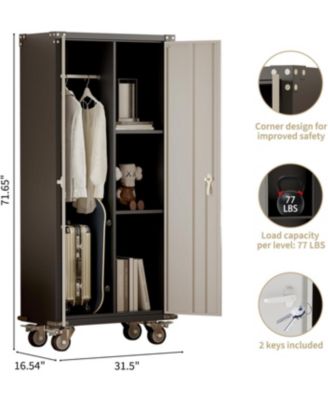 71 Inches Tall Heavy-Duty Lockable Metal Storage Cabinet with 360° Wheels, Steel Cabinet with Adjustable Shelves & Doors