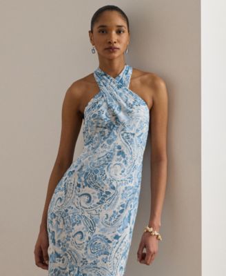 Paisley Crinkle Georgette Halter Gown