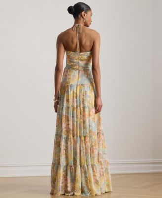 Floral Georgette Tiered Halter Gown