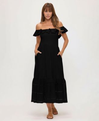 Women's Off-The-Shoulder Flounced Smocked Midi Dress