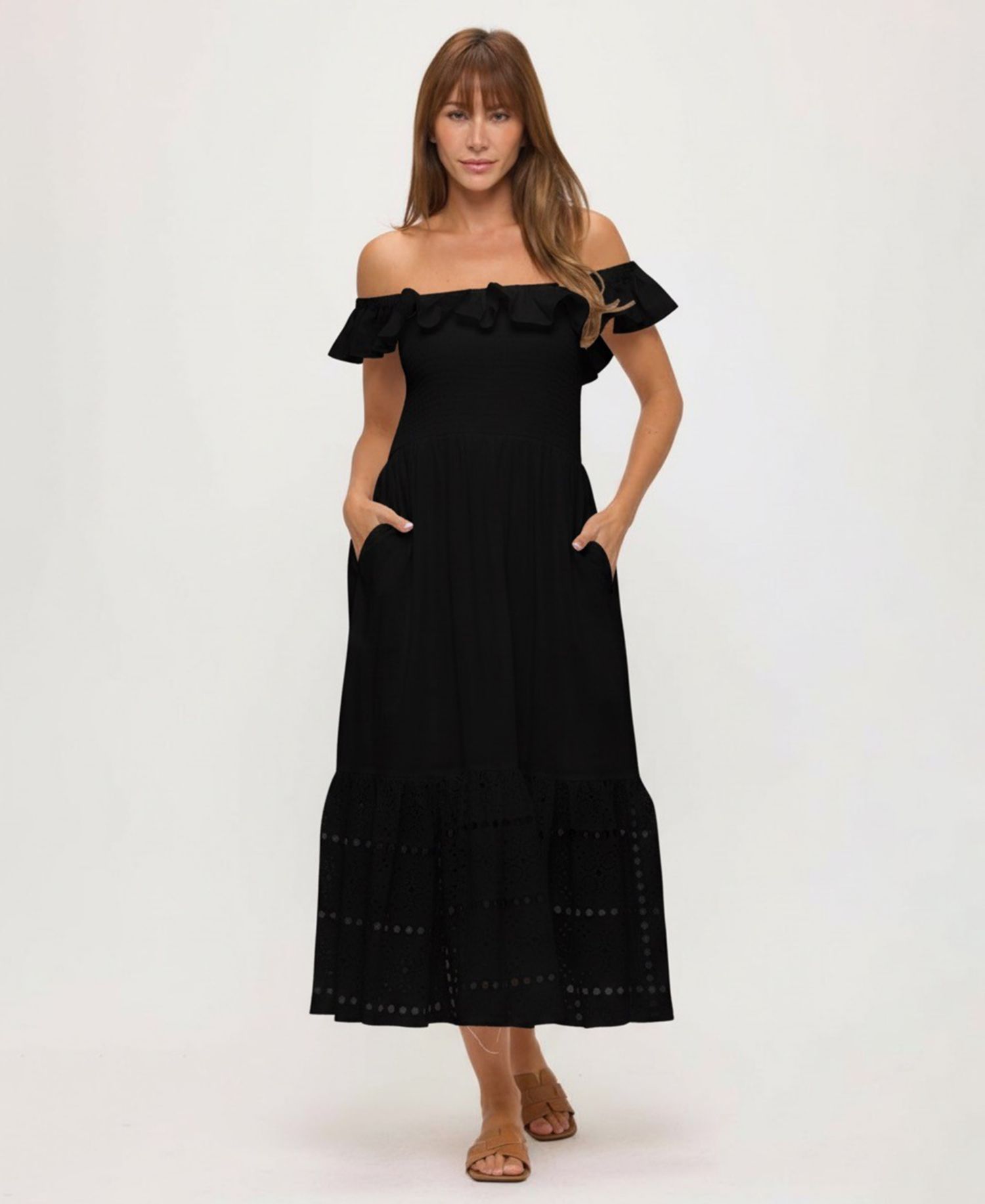 Women's Off-The-Shoulder Flounced Smocked Midi Dress