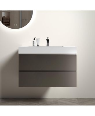 36" Gray Floating Bathroom Vanity with Double Soft Close Drawers, Handle-Free Design & Large Storage for Modern Bathrooms
