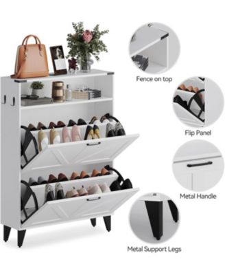 Narrow Farmhouse Shoe Cabinet with 2 Flip Drawers and Adjustable Shelf