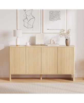 58" Fluted Oak Sideboard Buffet Cabinet with Storage, Large Buffet Cabinet with 4 Doors and Adjustable Shelves