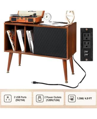 Large Record Player Stand with Charging Station, Vinyl Record Storage Cabinet with Sliding Door for Living Room Bedroom