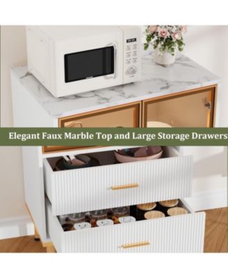 Fluted Pantry Cabinet with Glass Door and 2 Drawers, Kitchen Pantry Storage Cabinet with Adjustable Shelves, Modern Display Sideboard