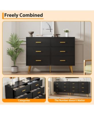 6-Drawer Wide Chest, Contemporary Wood Storage, Bedroom Dresser with Sliding Drawers, Office, Lounge