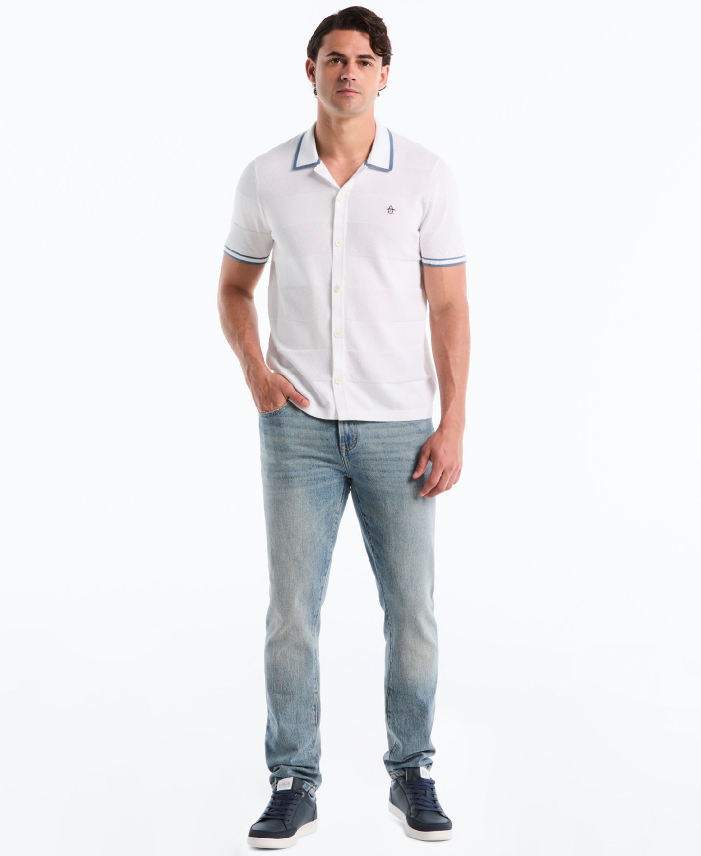 Мужской свитер Original Penguin Cotton Seed Stitch Polo Sweater, цвет: Яркий белый — фото 2