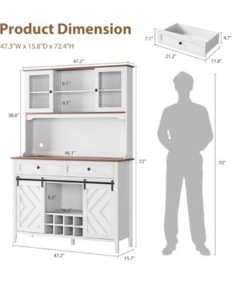 72" Sliding Barn Door High Bar Cabinet Farmhouse, Large Kitchen Buffet with Hutch Wine Storage