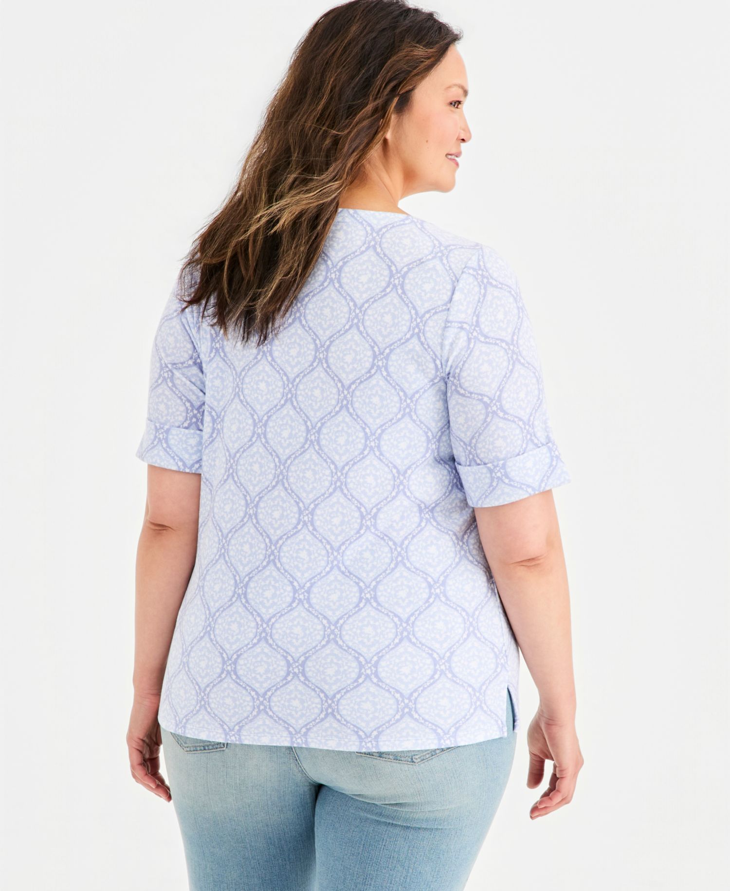 Petite Printed Boat-Neck Elbow-Sleeve Top