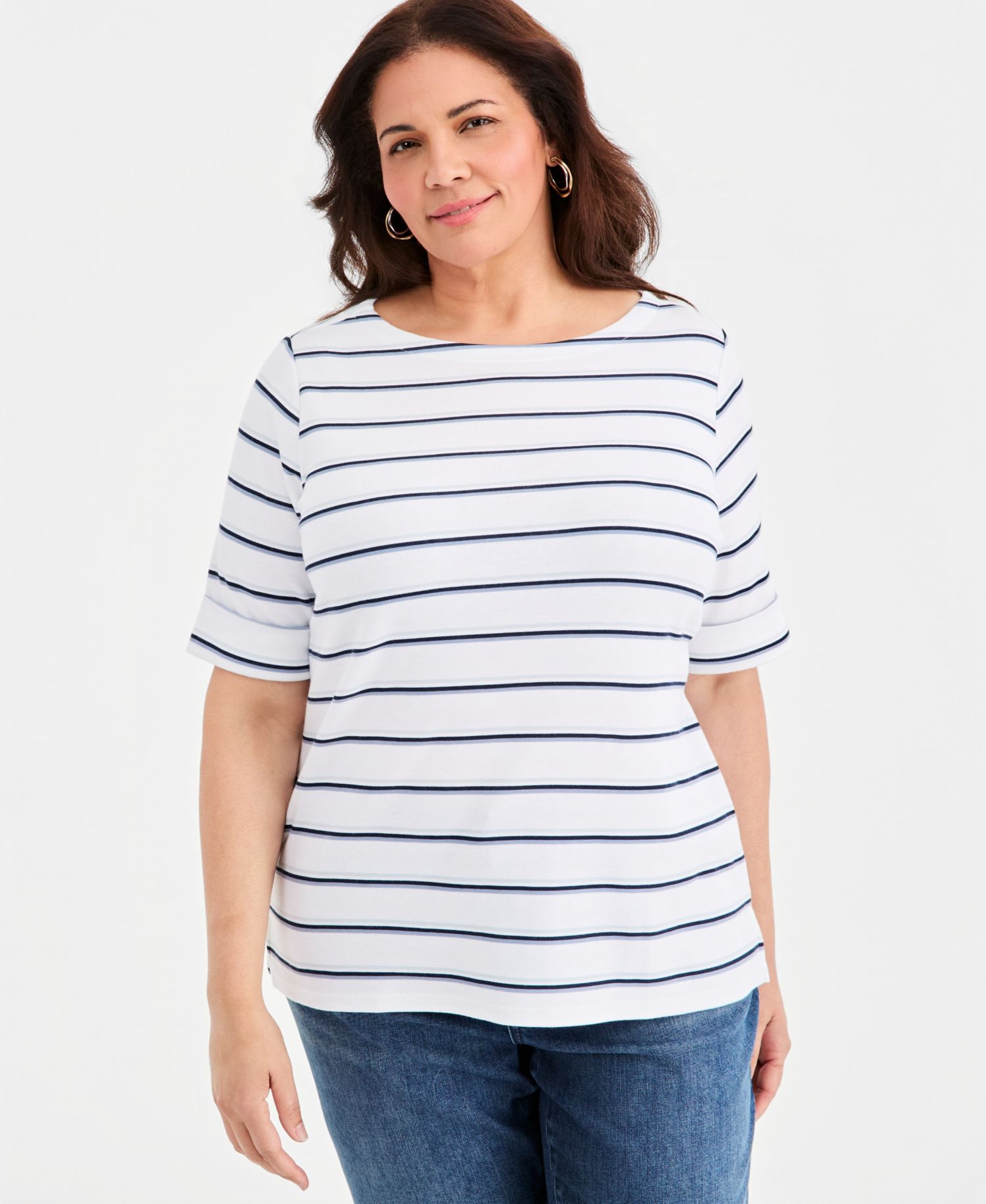 Petite Multi-Stripe Boat-Neck Elbow-Sleeve Top
