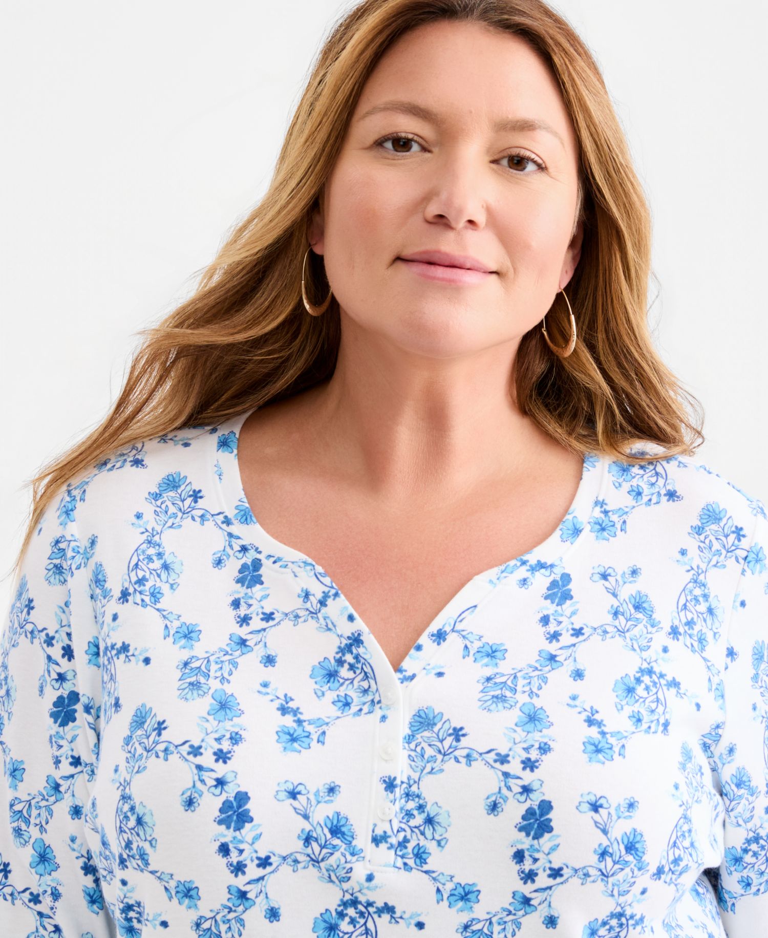 Petite Printed 3/4-Sleeve Henley Top
