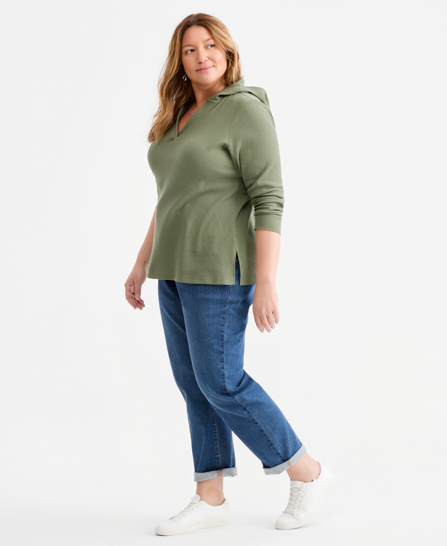 Plus Size Long-Sleeve V-Neck Waffle Hoodie