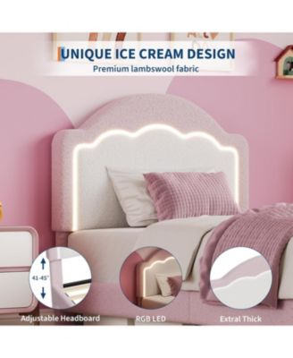 Twin Kids Upholstered Bed with LED Headboard, Plush Sherpa Fabric, Wooden Slats Support, No Box Spring Needed