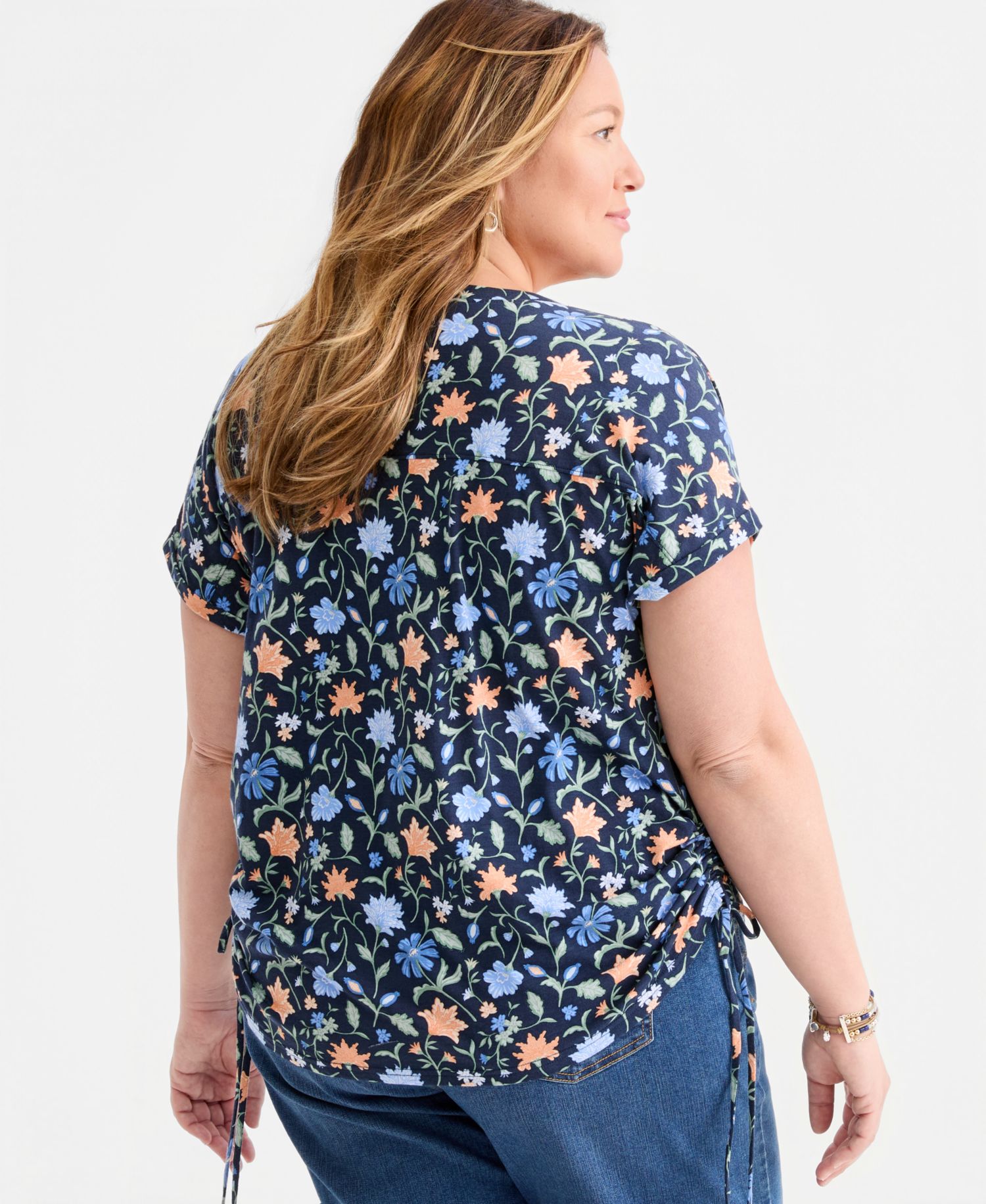 Plus Size Printed Ruched Tie-Hem V-Neck Top