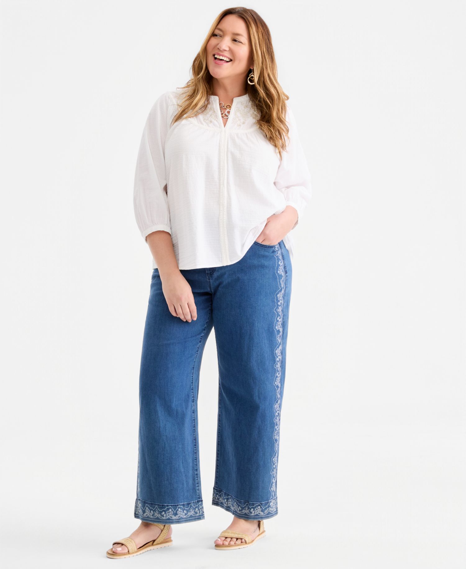Plus Size Embroidered-Floral 3/4 Sleeve Blouse