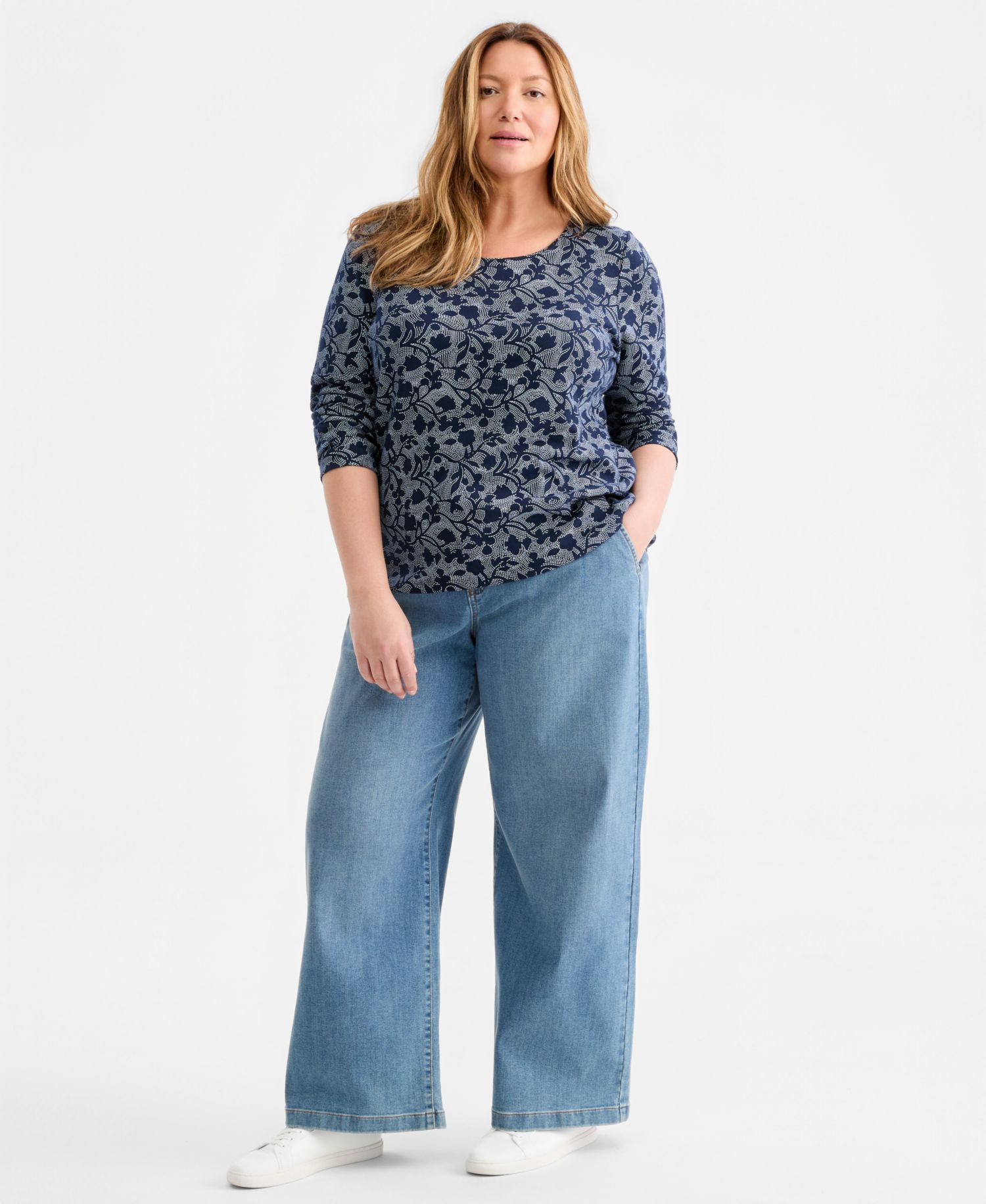 Plus Size Printed Long-Sleeve Scoop-Neck Top