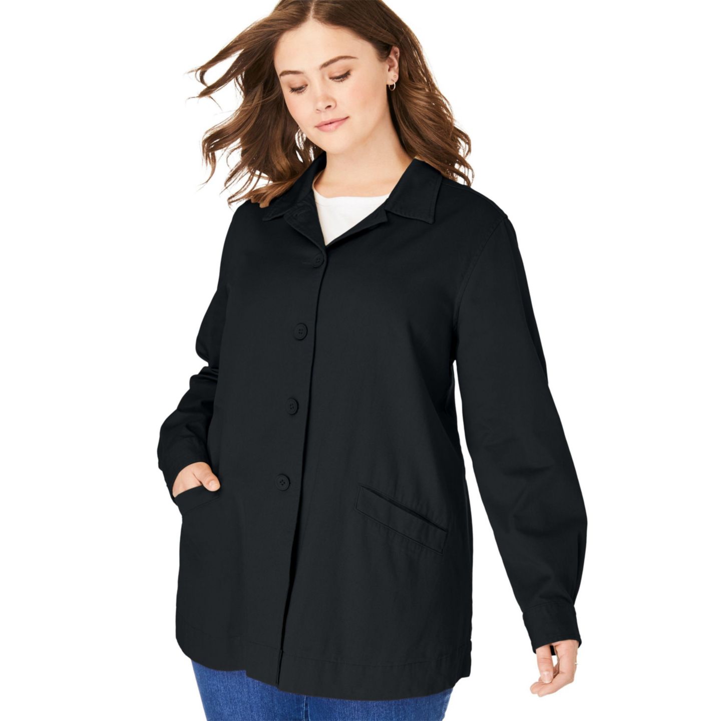 Женская куртка Woman Within Plus Size Within Pleat-Back Denim Jacket, цвет: Чёрный — фото 3