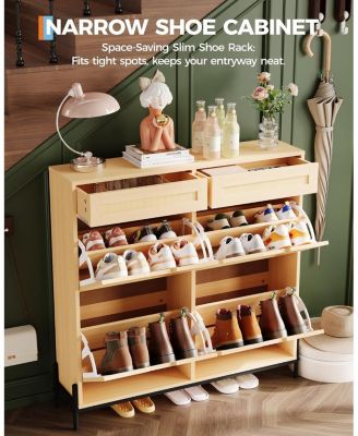 Freestanding Wooden Rattan Shoe Cabinet with 4 Flip Drawers and 2 Top Drawers