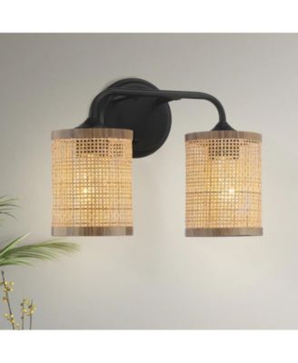 Quell Double Light Vanity With Natural Rattan Shade Wall Lamp