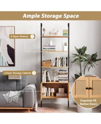 Ladder Bookshelf 5 Tier with Rattan Cabinet and Metal Frame