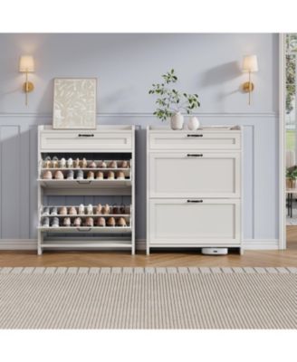 Shoe Cabinet with 2 Flip Drawers & 1 Top Drawer, Wooden Shoe Organizer Cabinet with Adjustable Shelf, Freestanding Shoe Storage Cabinets