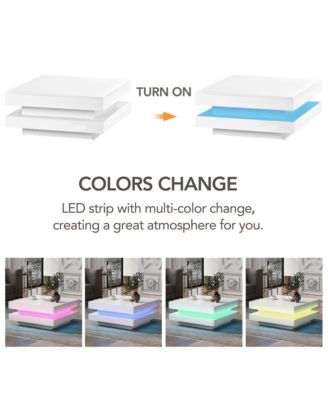 2-Tier Square Coffee Table, Modern High Gloss LED Center Table with Storage for Living Room and Home Office