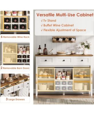 47 Inch Farmhouse Buffet Cabinet with Sliding Barn Doors Removable Wine Rack and Adjustable Shelves for Kitchen and Dining Room