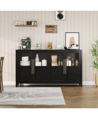 55 Inch Sideboard Buffet Cabinet with Four Glass Doors Large Modern Farmhouse Storage for Kitchen Dining and Living Room