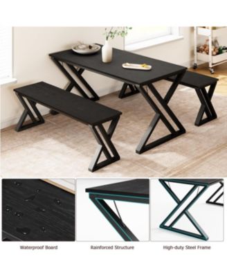 3-Piece Metal Frame Dining Table Set with 2 Benches
