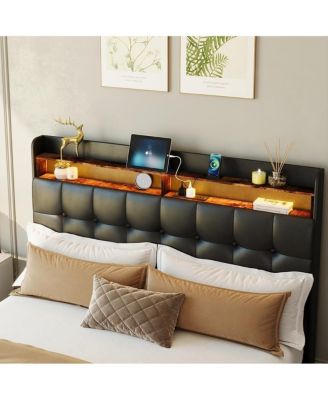 Queen Bed Frame with Headboard & 2 Storage Drawers, Upholstered Platform Bed with LED Lights, USB Charging Station