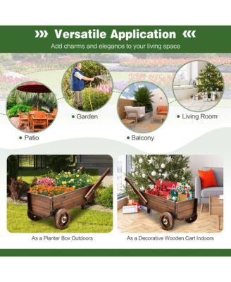 Decorative Wagon Cart Plant Flower Pot Stand Wooden Raised Garden Planter Box