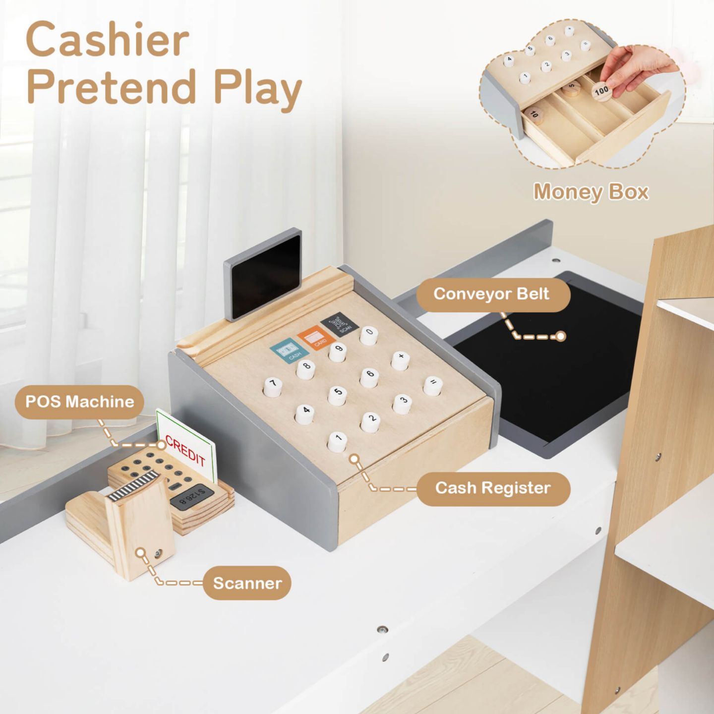 Детский игровой набор Costway Supermarket Interactive 8-Piece Shopping Playset, Ages 3+, цвет: Натуральный — фото 8