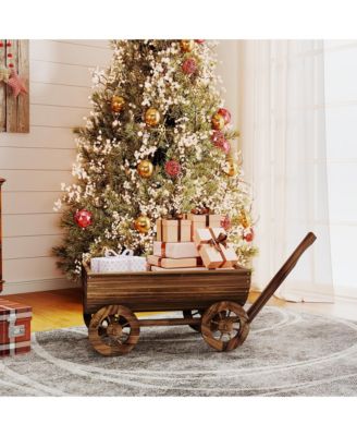 Wooden Wagon Planter Box, Mobile Garden Planter with 4 Wheels