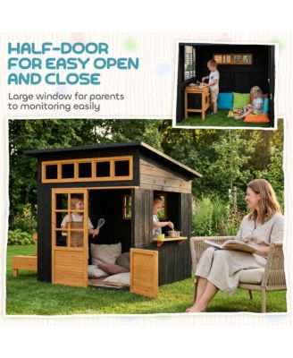 Kids Outdoor Playhouse, Wooden Kids Playhouse w/ Picnic Table