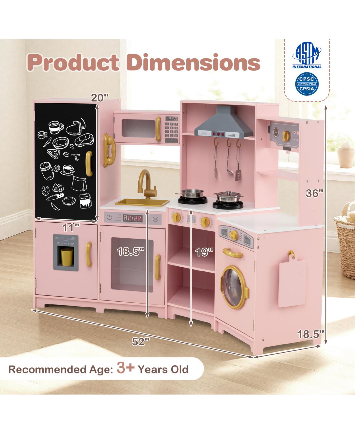 Детские игрушки SUGIFT Corner Wooden Play Kitchen with Lights and Sounds Large Pretend Play Kitchen Set, цвет: Розовый — фото 3