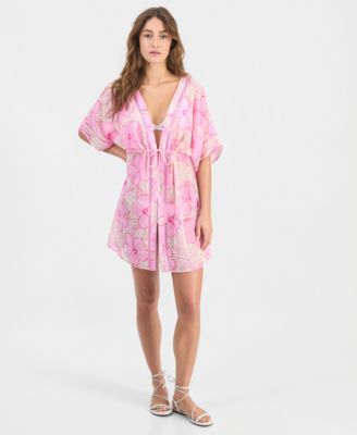 Juniors' Leaf-Trim Leopard-Print Cover-Up Kimono, Macy's Exclusive