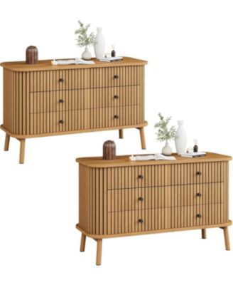 6 Drawer Dresser Set of 2, Horizontal Chests of Double Drawers for Bedroom, Mid Century Dresser with Handles and Wooden Legs