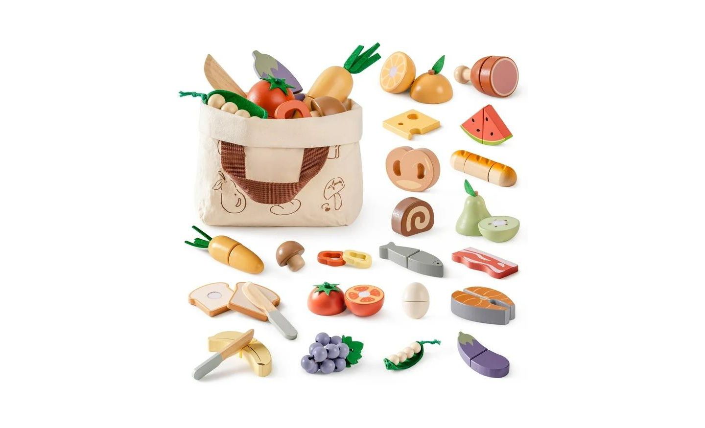 Детские игрушки Robotime Wooden Play Food 4-in-1 Cutting Set Pretend Play Toy Food for Play Kitchen with Shopping Bag Kids Kitchen Accessories for Boys Girls, цвет: Бежевый — фото 3