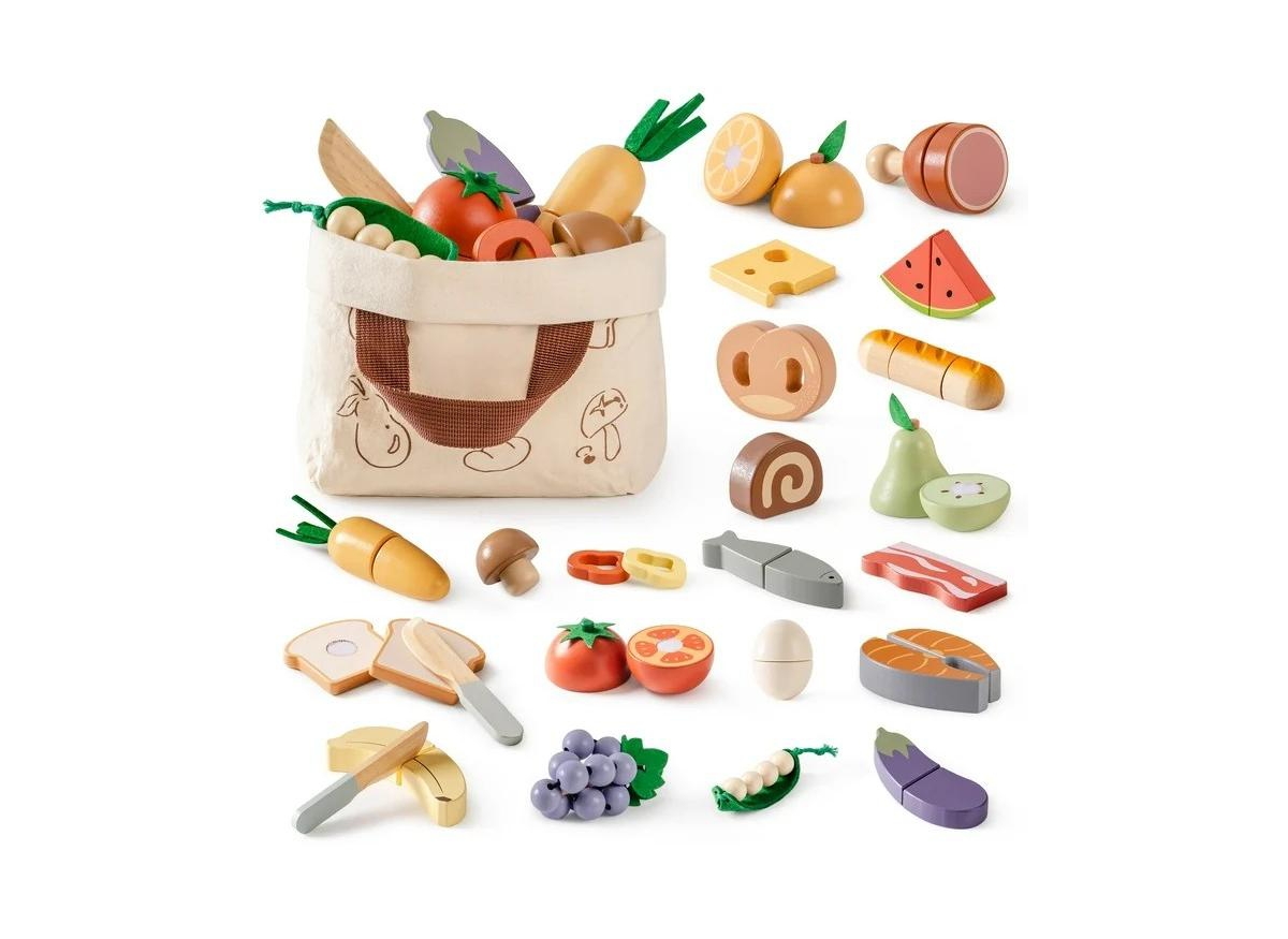 Robotime Wooden Play Food 4-in-1 Cutting Set Pretend Play Toy Food for Play Kitchen with Shopping Bag Kids Kitchen Accessories for Boys Girls