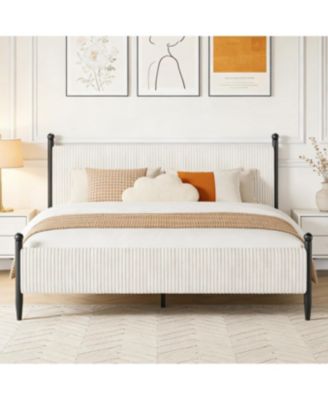 King Upholstered Bed Frame with Velvet Headboard, Corduroy Platform, Wood Slats.