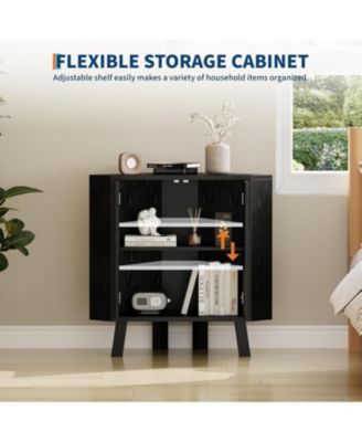 industrial 3 tier wooden corner cabinet with adjustable shelves and doors—freestanding triangle design for space saving living room storage.