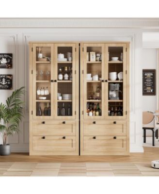 Tall Kitchen Pantry Cabinet - Modern Display Storage Cabinet with 2 Large Drawers, Glass Doors, and Adjustable Shelves